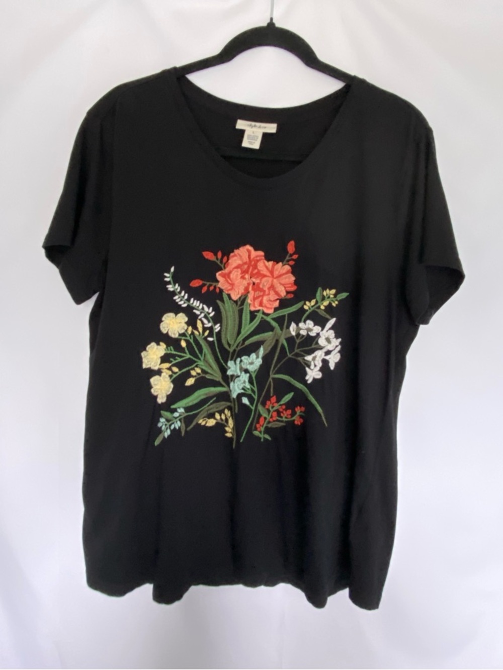 Style & co Floral Embroidered Black Tee - Womens